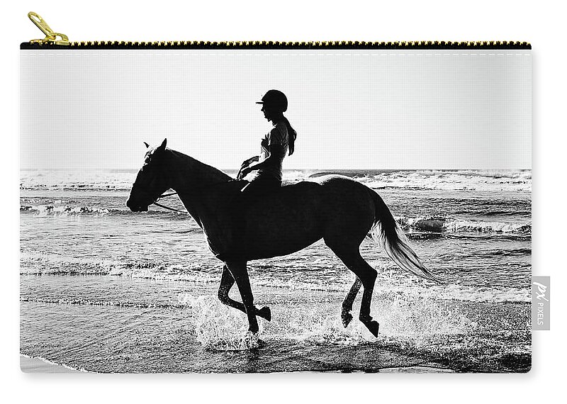 A Day At The Beach Zip Pouch featuring the photograph A Day at the Beach -- Girl Riding a Lusitano Horse on the Beach in Morro Bay, California by Darin Volpe