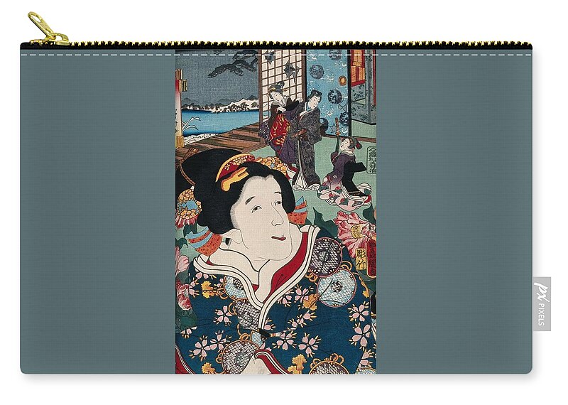A Female Role Actor With A Scene Of Modern Dress Genji Behind. Colour Woodcut By Kunisada Zip Pouch featuring the painting A female role actor with a scene of modern dress Genji behind. Colour woodcut by Kunisada, 1852 by Artistic Rifki