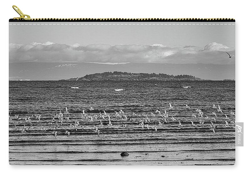 Seascape Zip Pouch featuring the photograph A Fling Of Dunlins Black and White by Allan Van Gasbeck