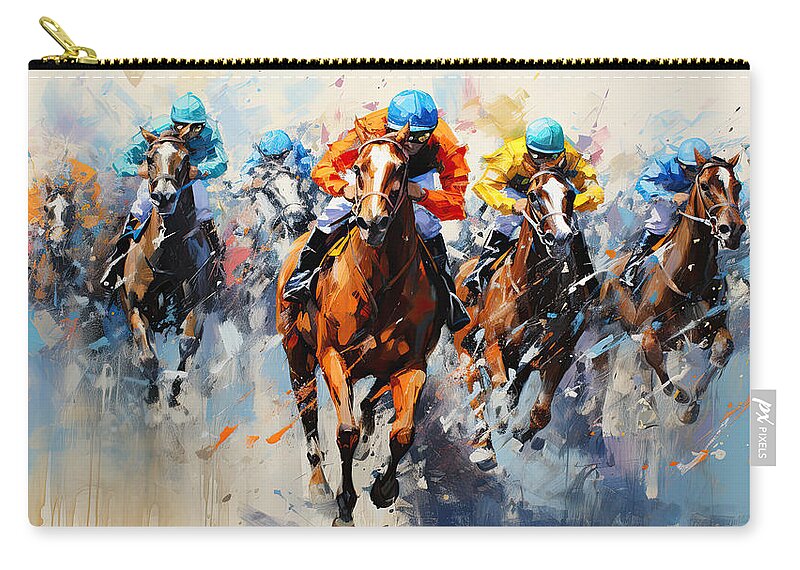 Horse Racing Zip Pouch featuring the painting A Heart-Pounding Thrill by Lourry Legarde