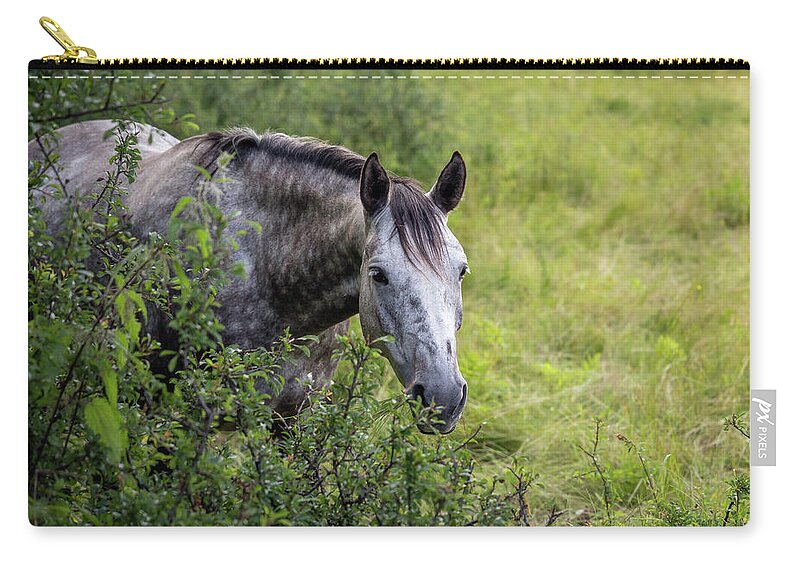 Gray Zip Pouch featuring the photograph A Horse Behind The Bushes by Nicklas Gustafsson