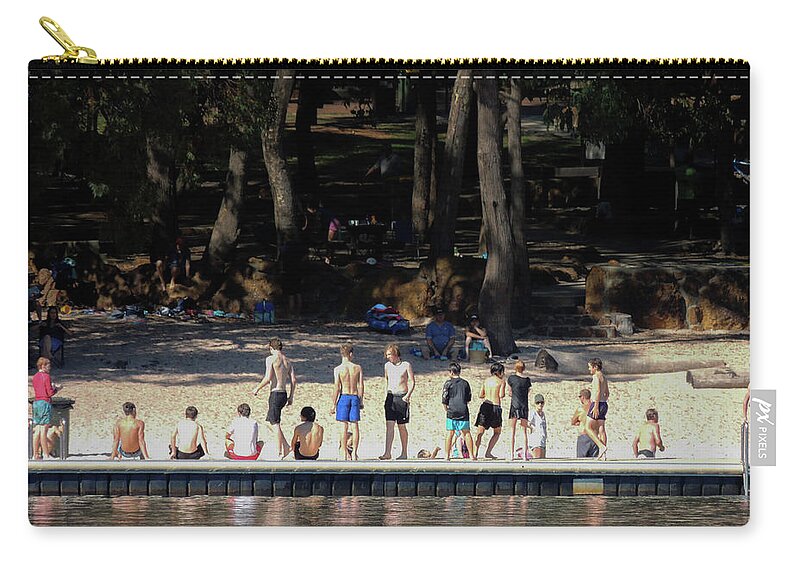  Zip Pouch featuring the photograph A line of sun lovers on the banks of Lake Leschenaultia, Western by Jeremy Holton