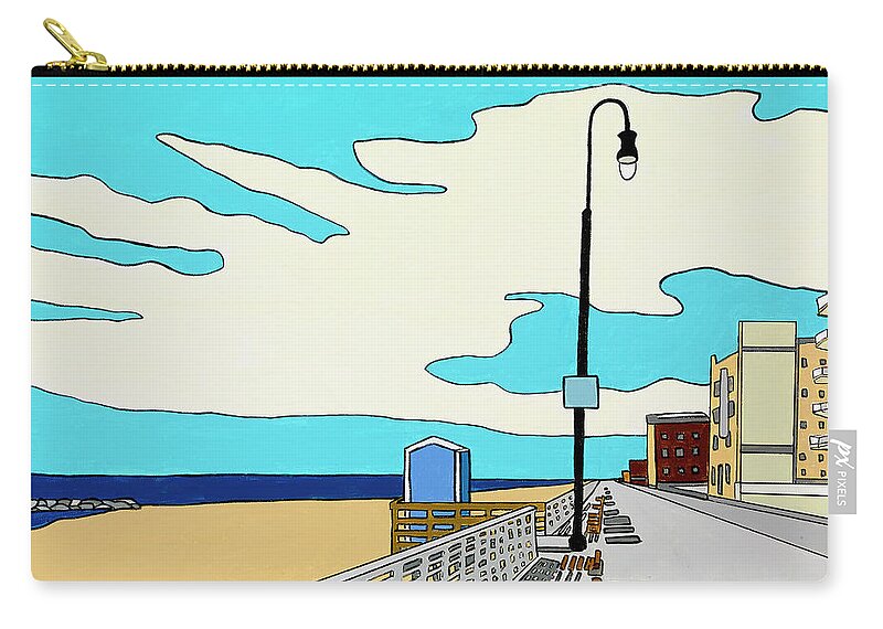 Long Beach Boardwalk Long Island Ocean Sand New York Beach Zip Pouch featuring the painting A Long Beach Morning by Mike Stanko