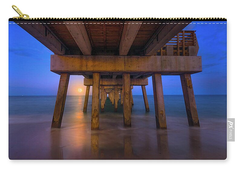 Moon Zip Pouch featuring the photograph A Moonrise Under the Pier by Mark Andrew Thomas