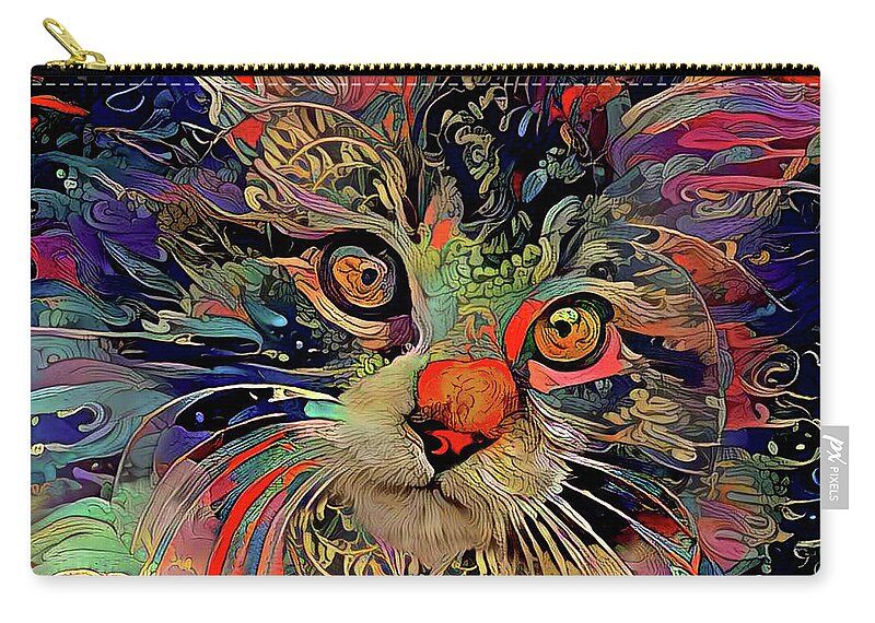Maine Coon Cat Zip Pouch featuring the mixed media A Psychedelic Maine Coon Cat Named Chaos by Peggy Collins