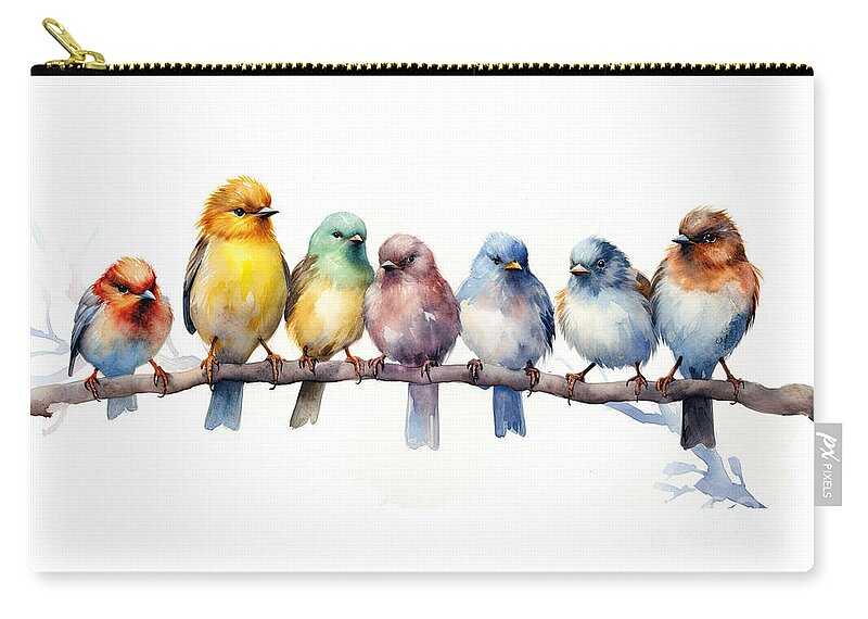 Watercolor Zip Pouch featuring the photograph A row of colourful birds sitting on a branch. Watercolour style by Jane Rix
