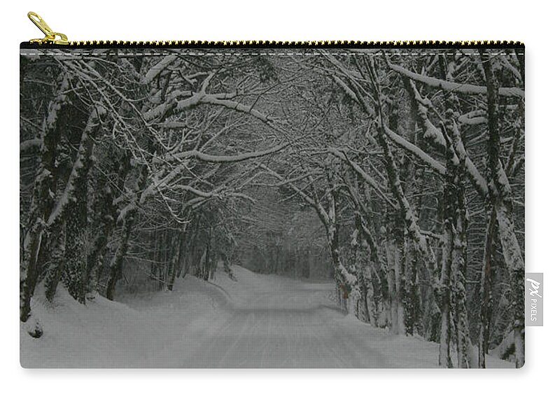 Snow Zip Pouch featuring the photograph A Snowy Road Less Travelled by Leslie Struxness