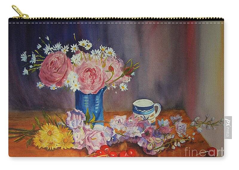 Still Life In Watercolour Zip Pouch featuring the painting A splash of Blue by Beatrice Cloake