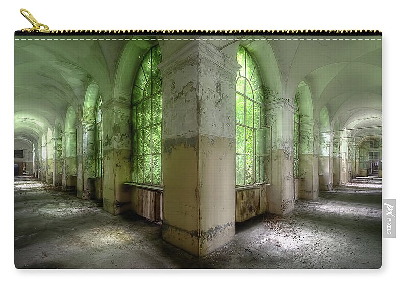 Urban Zip Pouch featuring the photograph Abandoned Green Hallway by Roman Robroek