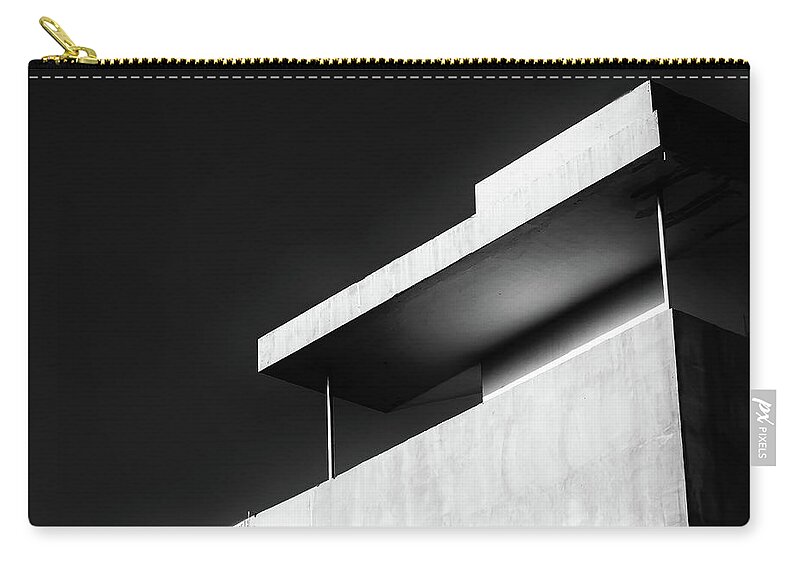 Black And White Zip Pouch featuring the photograph Abstract architecture design. Black and white futuristic exterior background. Black sky copy-space by Michalakis Ppalis