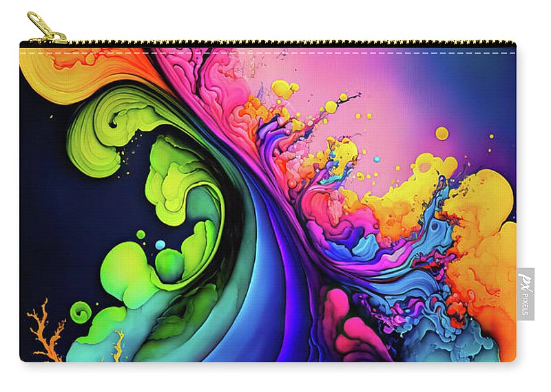 Abstract Zip Pouch featuring the digital art Abstract Art Alcohol Ink Style 30 Blue Orange Green by Matthias Hauser