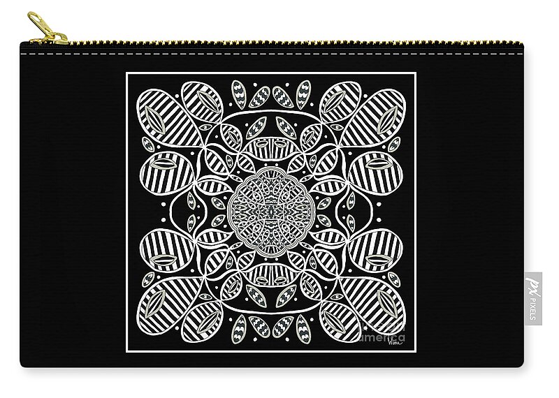 Textured Zip Pouch featuring the mixed media Abstract Design with Textured Black and White Loops and Detailed Center by Lise Winne