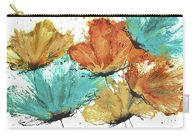 Abstract Flowers Zip Pouch featuring the painting Abstract Flowers Bouquet Teal Orange Yellow by Catherine Jeltes