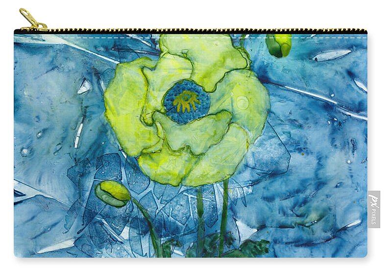 Poppy Zip Pouch featuring the painting Abstract Wild Green Poppy by Conni Schaftenaar