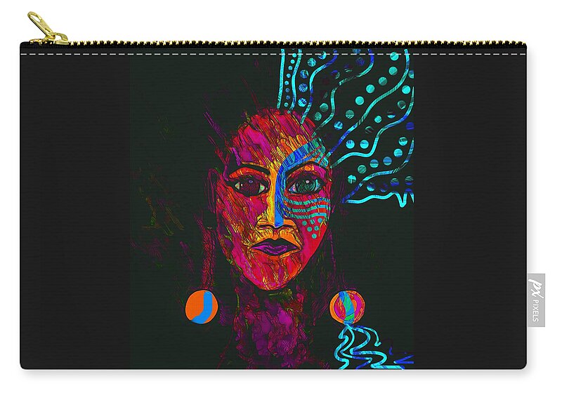 Portrait Zip Pouch featuring the mixed media Abstract Woman Fiery Face Out Of Shadows by Joan Stratton
