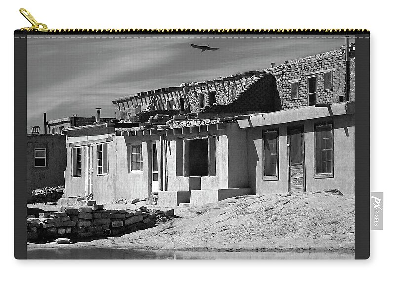 Acoma Pueblo Zip Pouch featuring the photograph Acoma Pueblo Adobe Homes B W by Mike McGlothlen