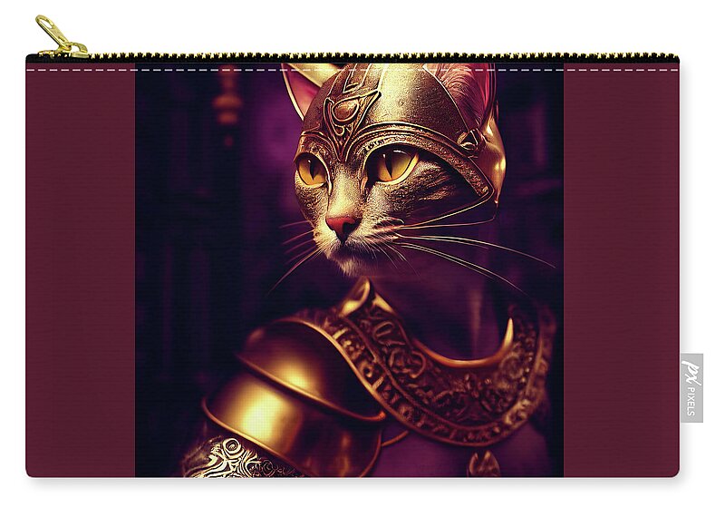 Cat Warriors Zip Pouch featuring the digital art Adonna the Tabby Cat Warrior by Peggy Collins