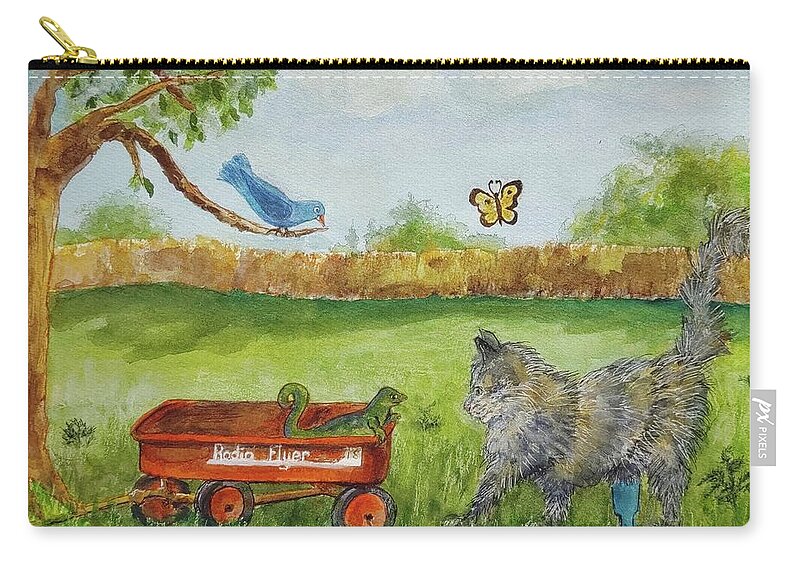 Wagon Zip Pouch featuring the painting Adventures of Stubby the Cat by Cheryl Wallace