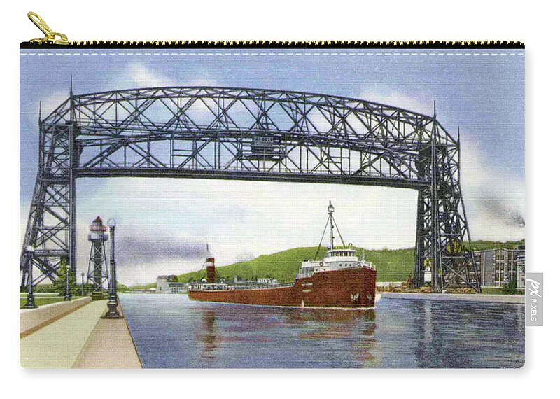 Duluth Zip Pouch featuring the photograph Aerial Lift Bridge with Freighter by Zenith City Press
