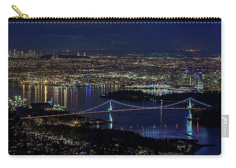 Alex Lyubar Zip Pouch featuring the photograph Aerial Night View at Vancouver Harbor by Alex Lyubar