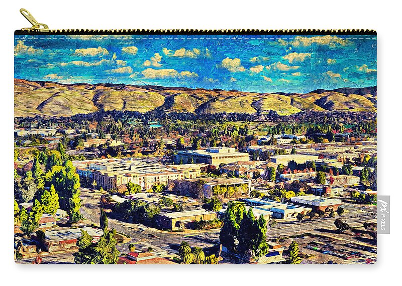 Fremont Zip Pouch featuring the digital art Aerial of downtown Fremont, California - digital painting by Nicko Prints