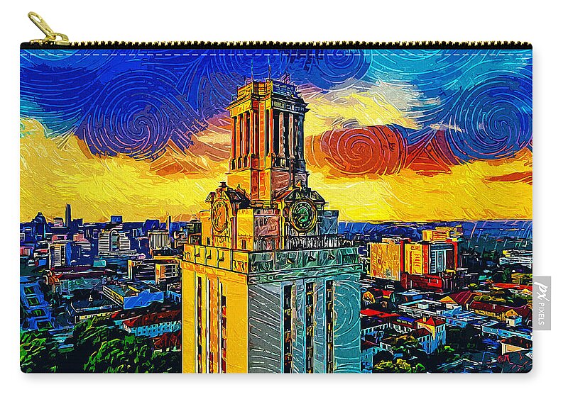 Main Building Zip Pouch featuring the digital art Aerial of the Main Building of the University of Texas at Austin - impressionist painting by Nicko Prints