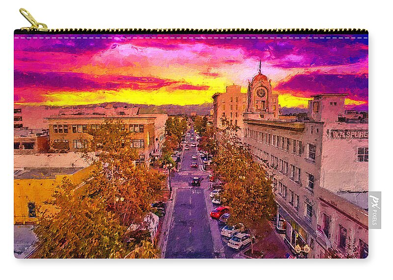 W 4th Street Zip Pouch featuring the digital art Aerial view of W 4th Street in downtown Santa Ana - digital painting by Nicko Prints