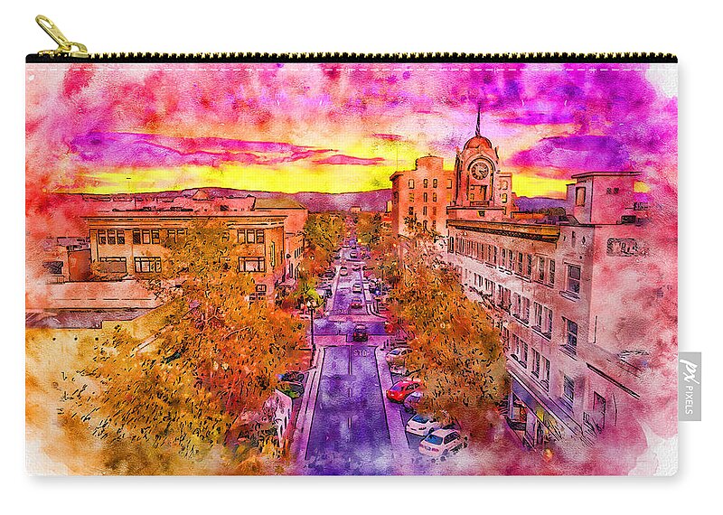 W 4th Street Zip Pouch featuring the digital art Aerial view of W 4th Street in downtown Santa Ana - pen and watercolor by Nicko Prints