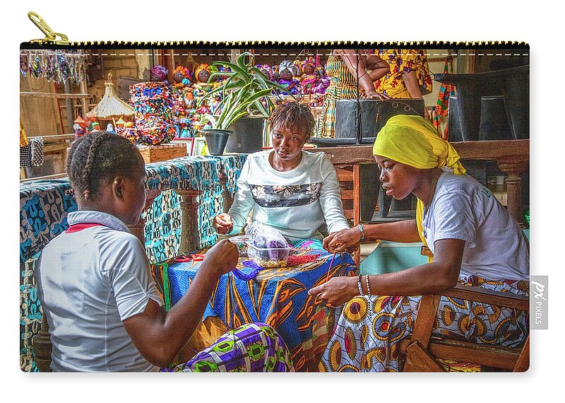 African Zip Pouch featuring the photograph African Beading at the Market by Debra and Dave Vanderlaan