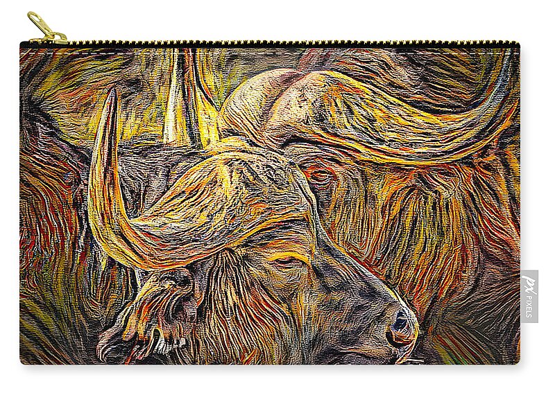 Buffalo Zip Pouch featuring the mixed media African Buffalo Art by Debra Kewley