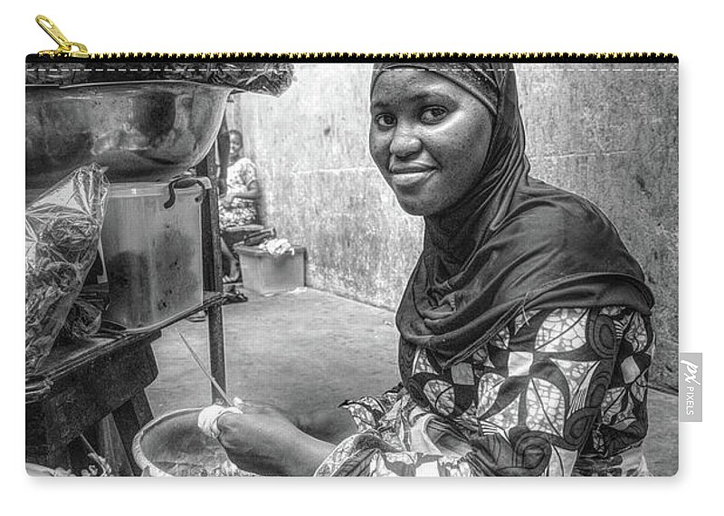 African Zip Pouch featuring the photograph African Market Black and White by Debra and Dave Vanderlaan