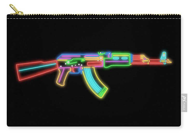 Ak47 Zip Pouch featuring the digital art Ak47 Neon Design by Ricky Barnard