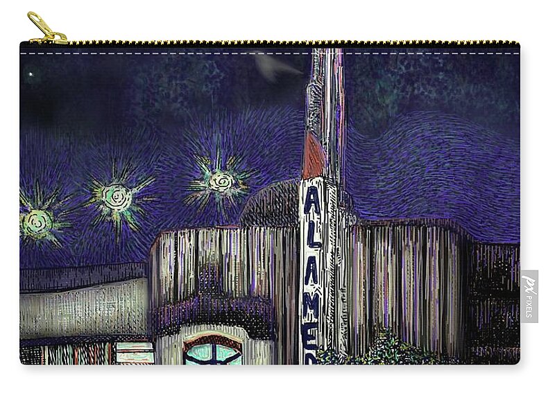 Alameda Zip Pouch featuring the digital art Alameda Theater at Night by Angela Weddle