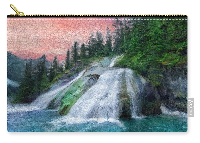 Alaska Zip Pouch featuring the digital art Alaska Inside Passage - Waterfall at Sunset by Russ Harris