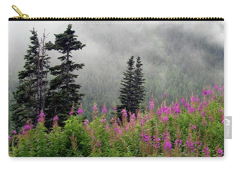 Skagway Zip Pouch featuring the photograph Alaska Pines and Wildflowers by Karen Zuk Rosenblatt