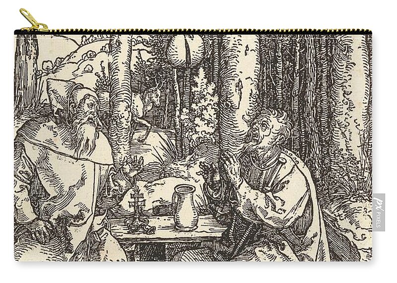 Albrecht Durer Nuremberg 1471 1528 Hermits Anthony And Paul Zip Pouch featuring the painting Albrecht Durer Nuremberg 1471 1528 Hermits Anthony and Paul, c. 1504, woodcut on laid paper, monogr by MotionAge Designs