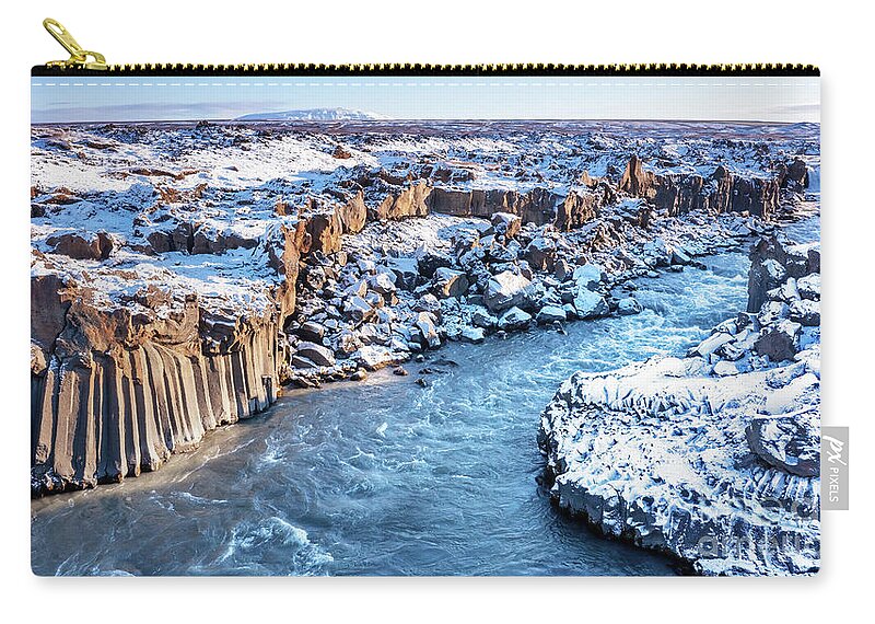 Adventure Zip Pouch featuring the photograph Aldeyjarfoss waterfall, aerial drone shot taken from a high angl by Jane Rix