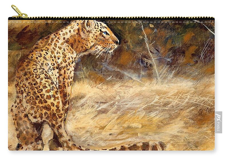 Africa Zip Pouch featuring the painting Alert African Leopard by Walt Maes