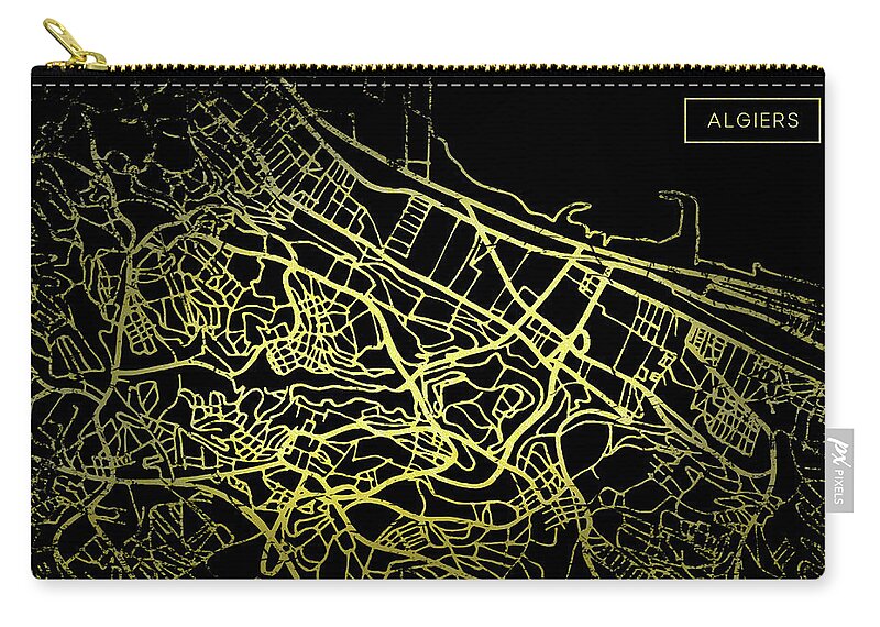 Map Zip Pouch featuring the digital art Algiers Map in Gold and Black by Sambel Pedes
