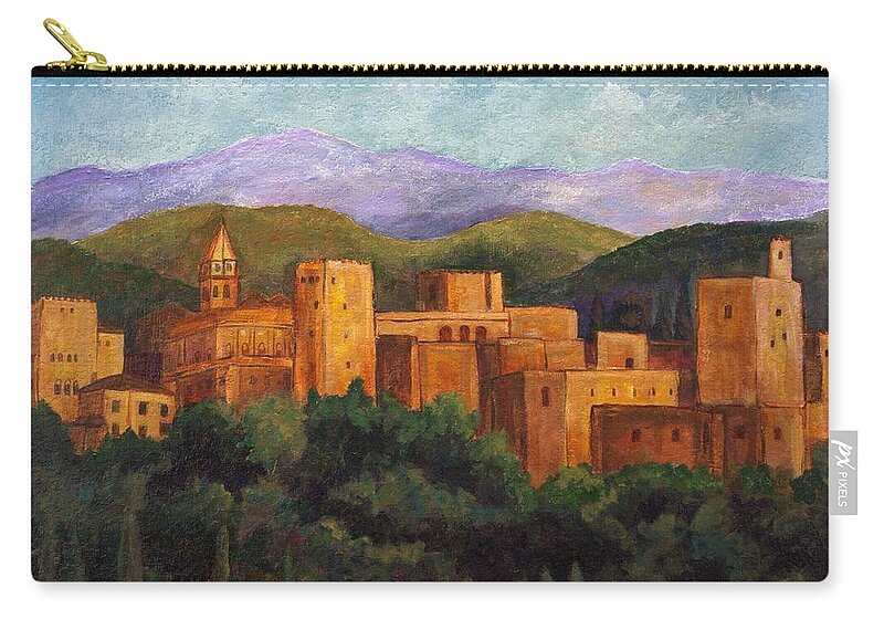 Alhambra Landscape Zip Pouch featuring the painting Alhambra at Sunset by Candy Mayer