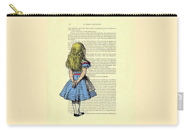 Alice In Wonderland Zip Pouch featuring the digital art Alice in Wonderland on antique book page by Madame Memento