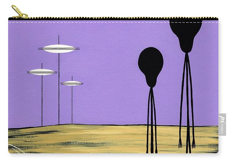Retro Carry-all Pouch featuring the painting Aliens Yellow Planet Purple Sky by Donna Mibus