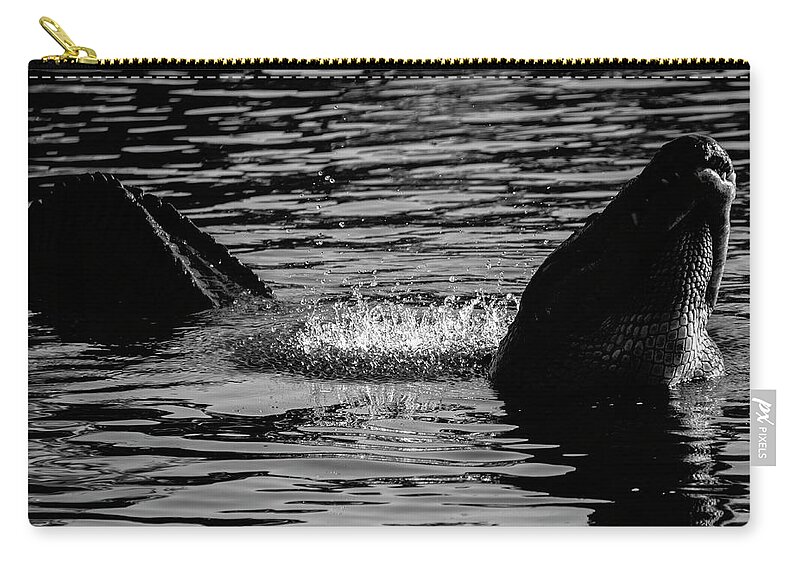 Black Zip Pouch featuring the photograph Alligator Bellow in Black and White by Carolyn Hutchins