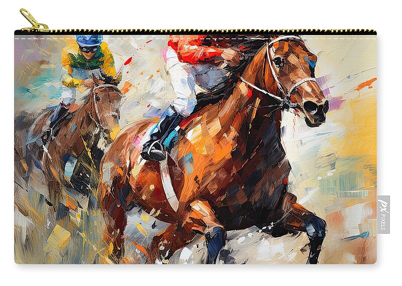 Horse Racing Zip Pouch featuring the digital art Almost There - Oaklawn Horse Racing by Lourry Legarde