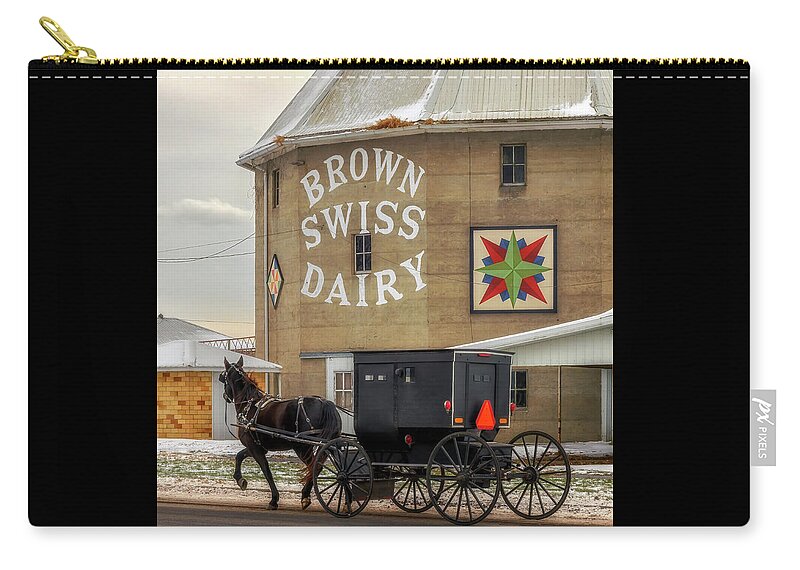 Barn Zip Pouch featuring the photograph Amish Buggy at the Brown Swiss Dairy by Susan Rissi Tregoning