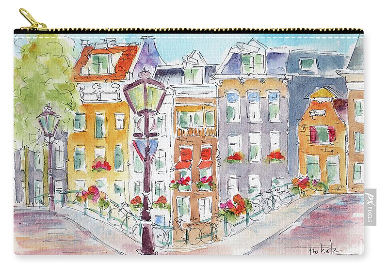 Impressionism Zip Pouch featuring the painting Amsterdam Bikes And Lampposts by Pat Katz