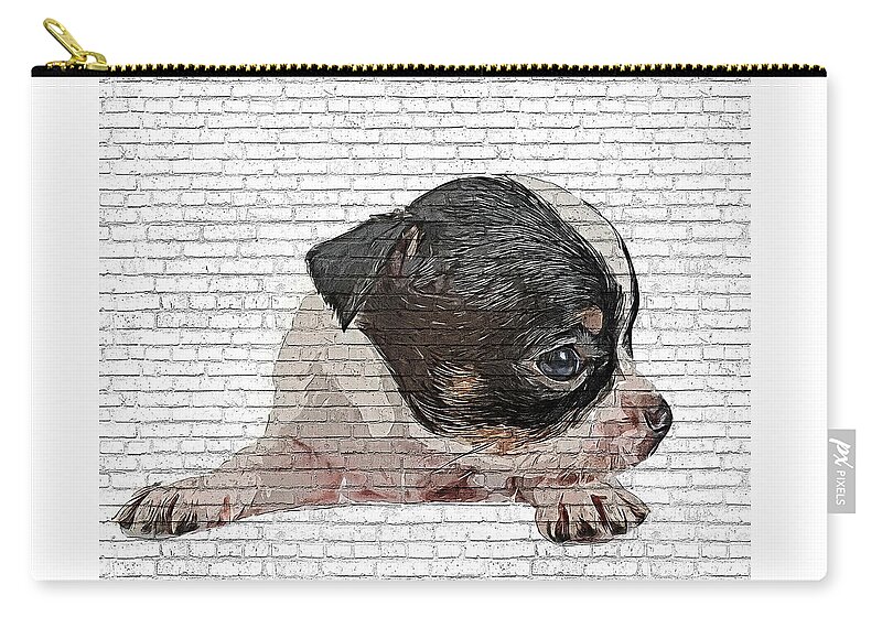 Angel Zip Pouch featuring the painting An Angel, Black and White Chihuahua Dog Puppy - Brick Block Background by Custom Pet Portrait Art Studio