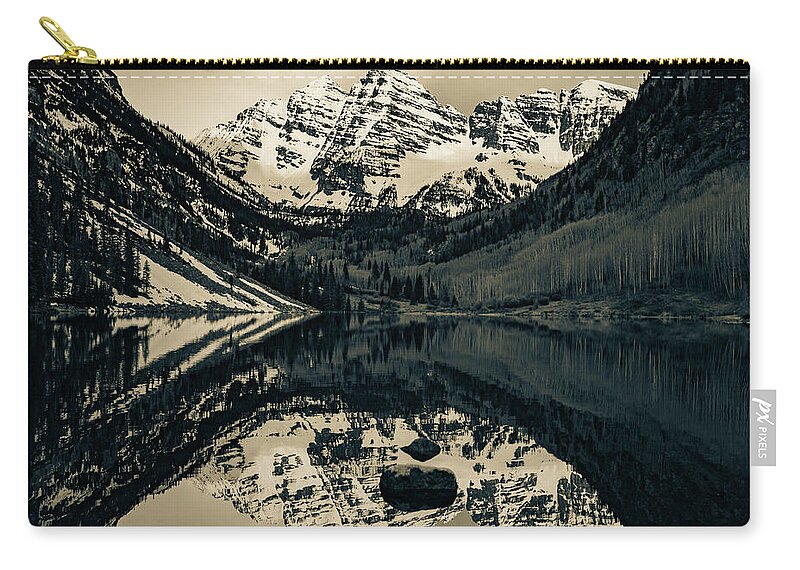 Mountain Peaks Zip Pouch featuring the photograph Majestic Peaks And Maroon Bells Mountain Reflections - Sepia by Gregory Ballos