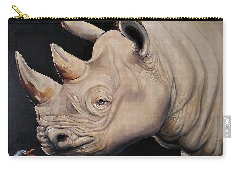 Rhinoceros Zip Pouch featuring the painting An Unlikely Friendship by Jean Cormier