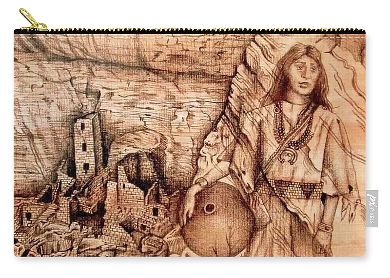 Anasazi Carry-all Pouch featuring the drawing Anasazi Maiden by Pamela Kirkham